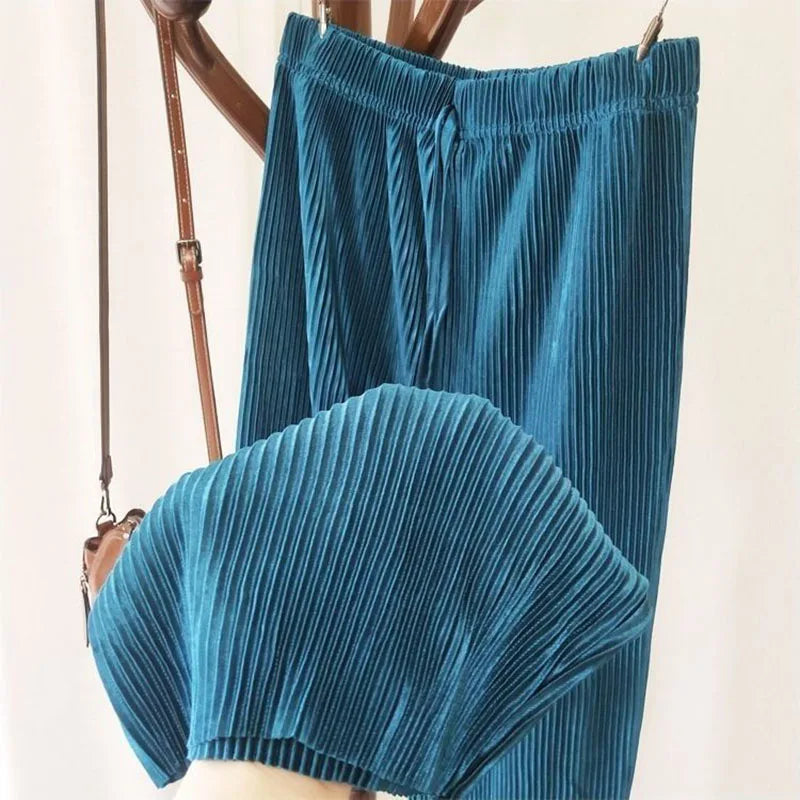 Pantalon d'été plissé en soie pour femmes, couleur unie, taille élastique, jambes larges, décontracté, en mousseline de soi