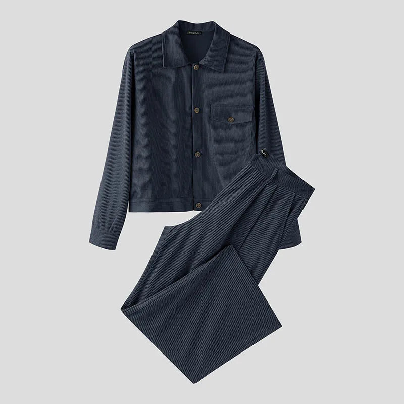 Hommes ensembles velours côtelé couleur unie revers manches longues vestes et pantalons deux pièces ensembles