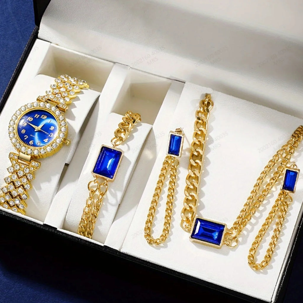 coffret cadeau ; Ensemble de diamants populaires, polyvalent, petit cadran, montre à quartz pour femmes, ensemble de bijoux en cristal de 4 pièces