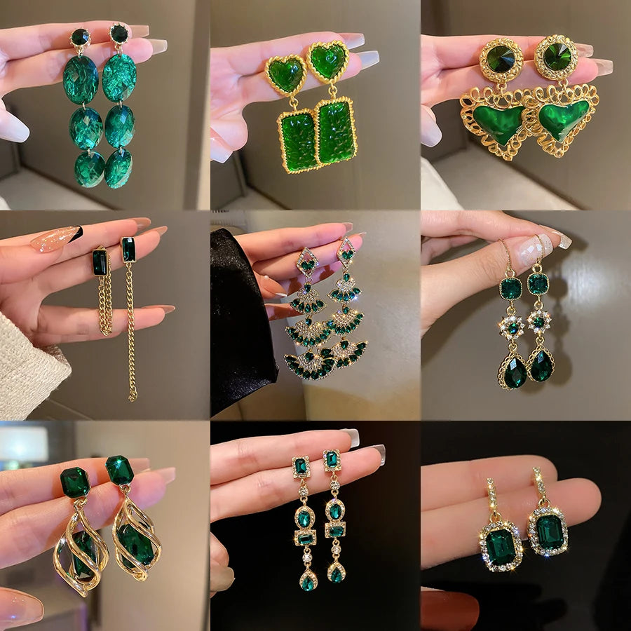 Boucles d'oreilles en strass émeraude incrusté pour femmes, Unique, mode, Zircon vert, goutte d'eau, scintillante, luxe, bijoux de mariage de styliste
