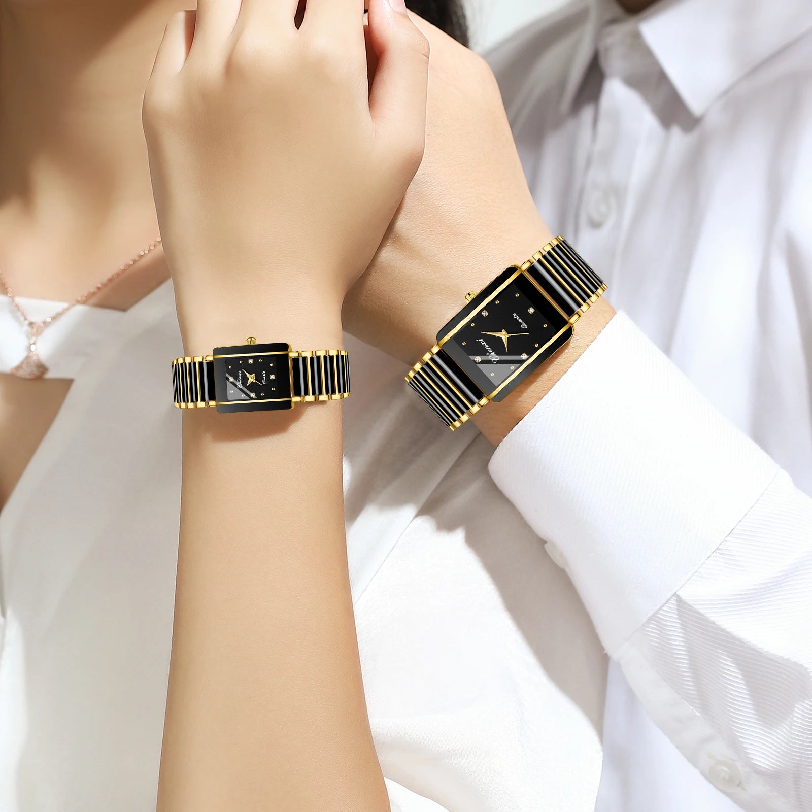Montre de luxe pour Couple de haute qualité mode cristal cadran rectangulaire montre à Quartz hommes femmes saint valentin cadeau de mariage