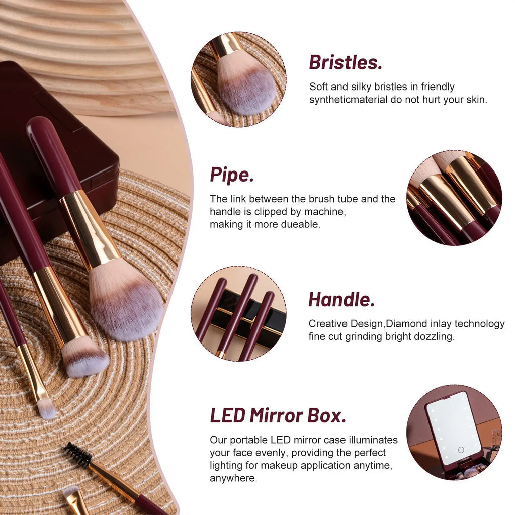 14 pièces ensemble de pinceaux de maquillage avec miroir éclairé Portable poignée courte lumière LED USB Kit de pinceaux de maquillage rechargeables