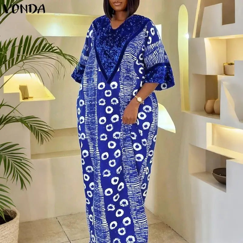 Boubou femmes bohème Robe longue paillettes Patchwork Maxi robes décontracté impression Vintage automne