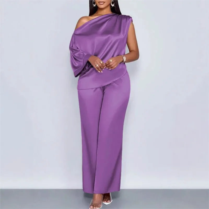 Ensemble  Costume pantalon en Satin pour femme, décontracté, col incliné, hauts à manches courtes, pantalons à jambes larges