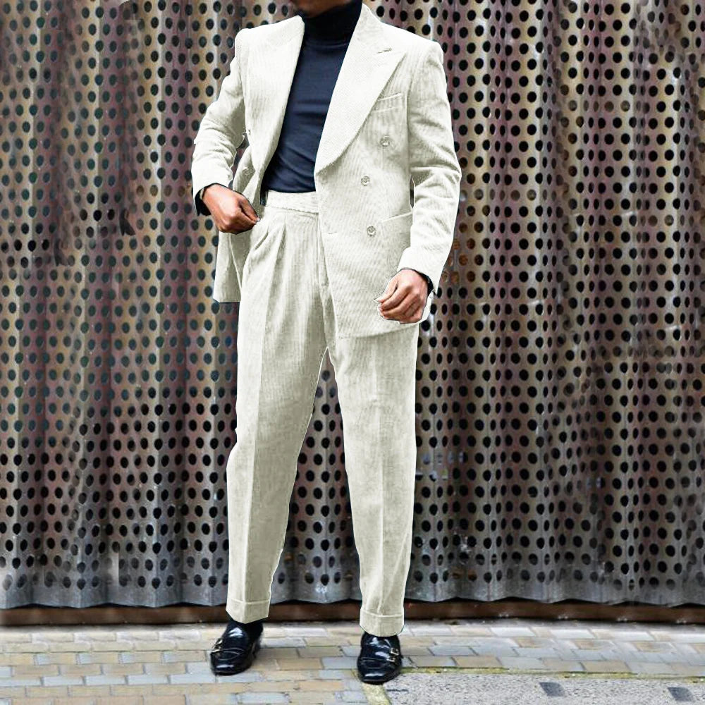 Ensemble Veste et pantalon en velours côtelé pour hommes, tenue de mariage décontractée, double boutonnage, revers Entièrement trempé, 2 pièces