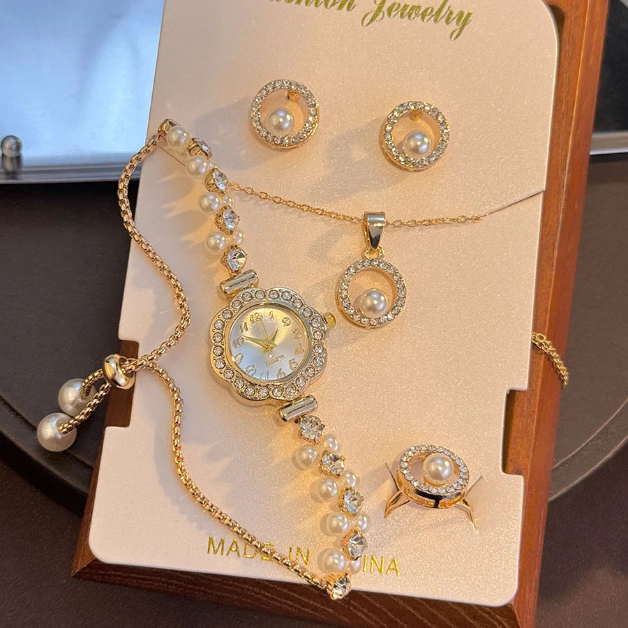 Ensemble Montre de luxe en diamant incrusté de perles pour femmes, cadeau pour femmes, collier, boucles d'oreilles, bague, montre-bracelet élégante, Suite de quatre pièces