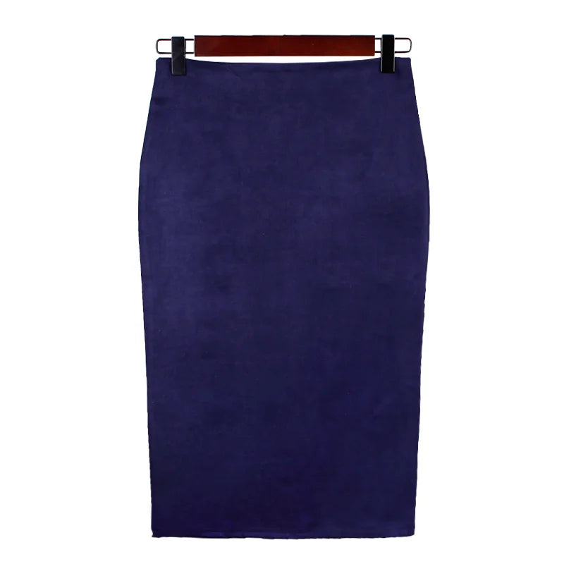 Jupe crayon taille haute moulante pour femme Vintage daim fendu épais extensible couleur unie