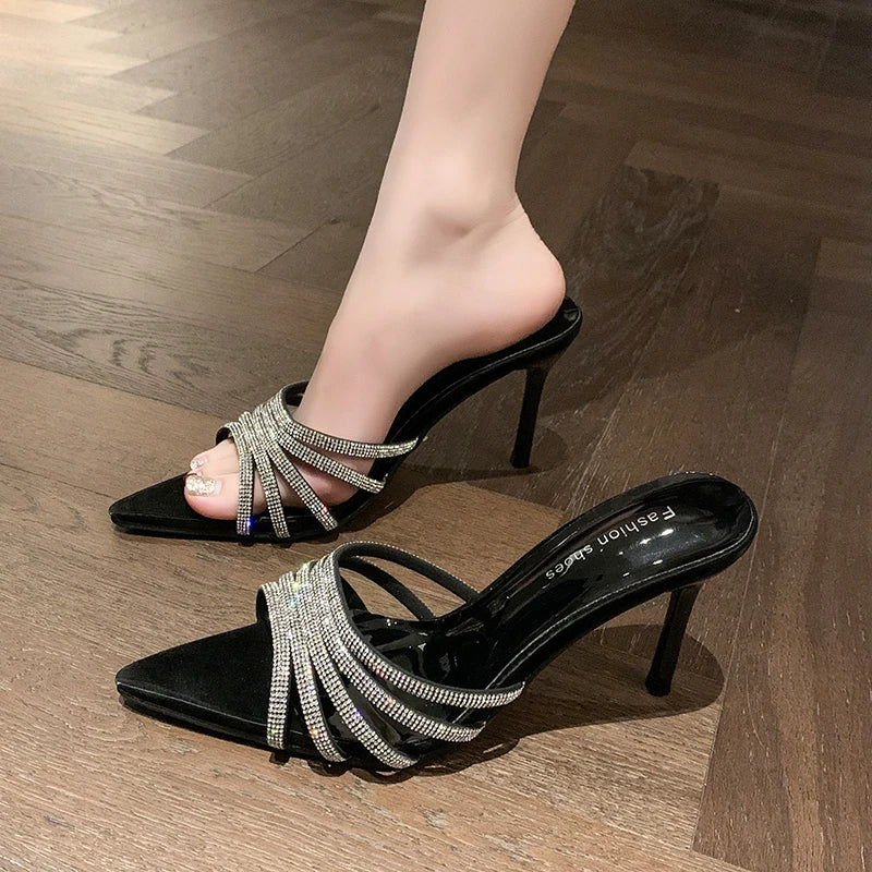 Pantoufles Sexy à talons hauts pour femmes, mode d'été, bande étroite en cristal, à bout pointu