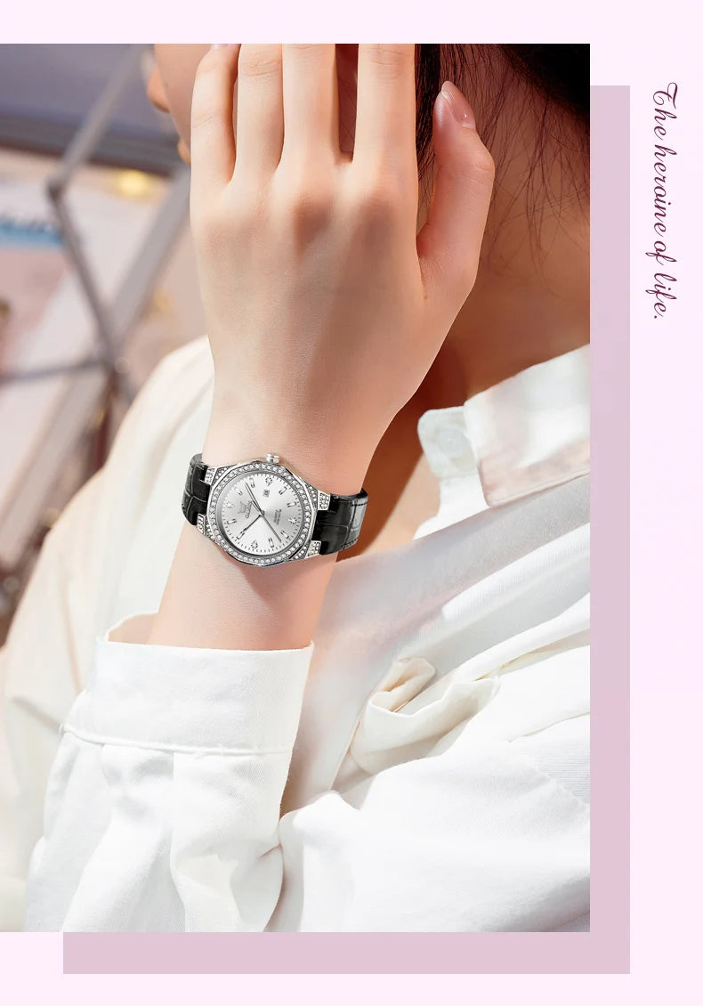 OLEVS Original femmes montres diamant tour mode bracelet en cuir 3m étanche lumineux dames montre-bracelet montre à Quartz pour les femmes