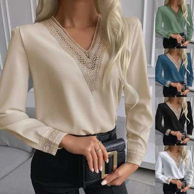Chemise élégante en dentelle pour femmes, col en v, mode automne décontractée, bureau, pull blanc, manches longues, chemise ample pour dames