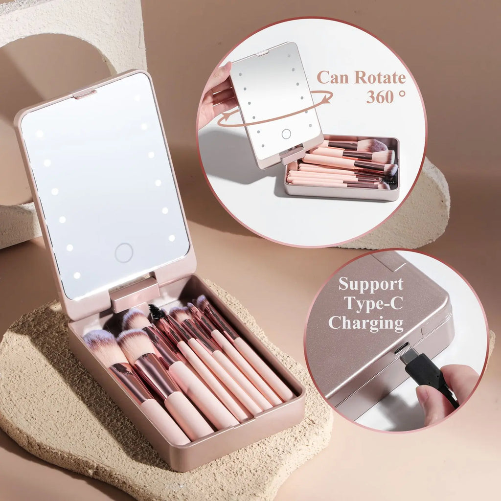 14 pièces ensemble de pinceaux de maquillage avec miroir éclairé Portable poignée courte lumière LED USB Kit de pinceaux de maquillage rechargeables