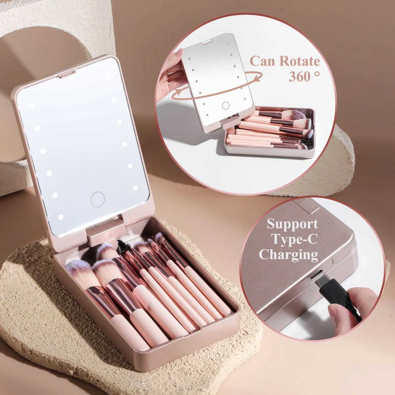 14 pièces ensemble de pinceaux de maquillage avec miroir éclairé Portable poignée courte lumière LED USB Kit de pinceaux de maquillage rechargeables