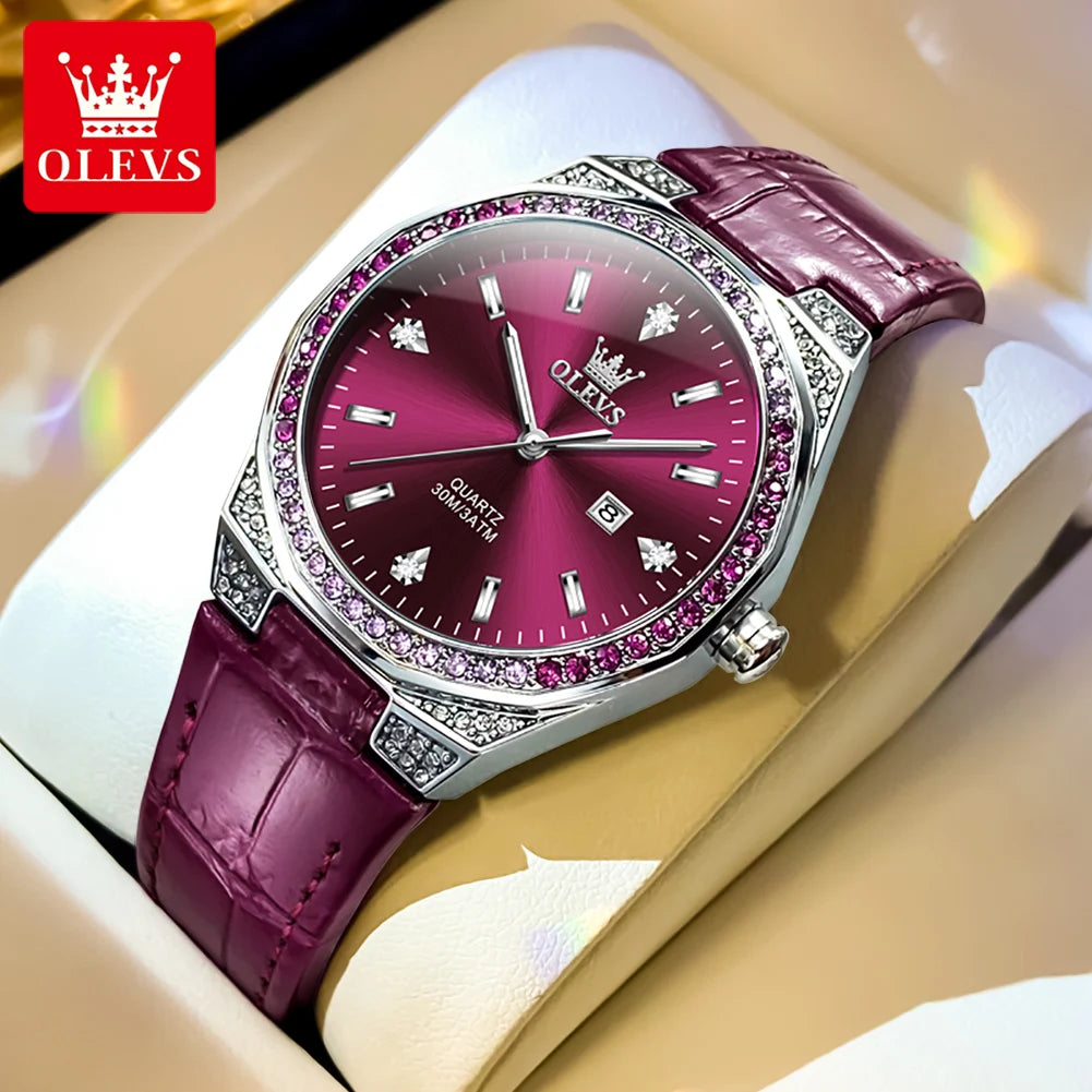 OLEVS Original femmes montres diamant tour mode bracelet en cuir 3m étanche lumineux dames montre-bracelet montre à Quartz pour les femmes