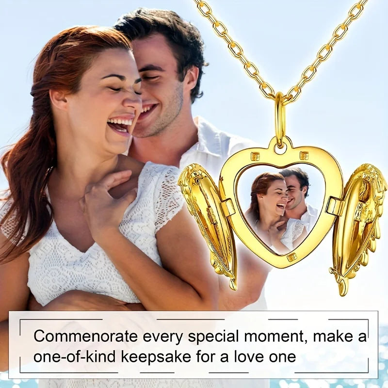 Collier Image personnalisée/photo petite boîte pendentif collier, personnalisé aile d'ange petite boîte pendentif hommes femmes collier cadeau de noël