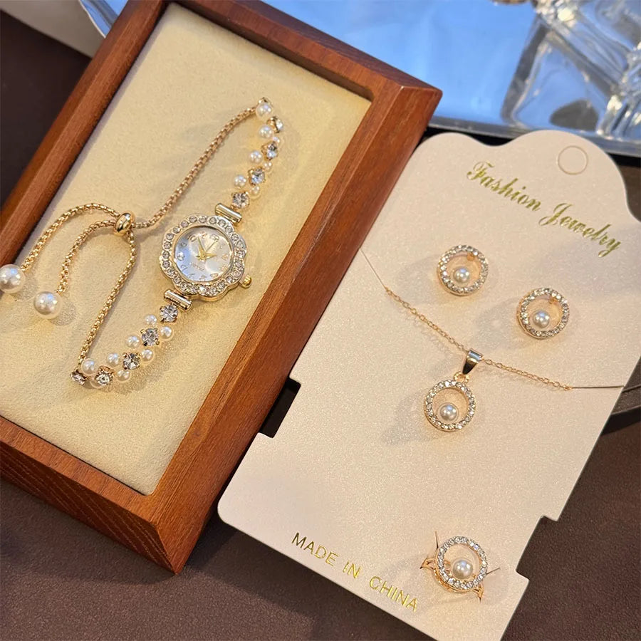 Ensemble Montre de luxe en diamant incrusté de perles pour femmes, cadeau pour femmes, collier, boucles d'oreilles, bague, montre-bracelet élégante, Suite de quatre pièces