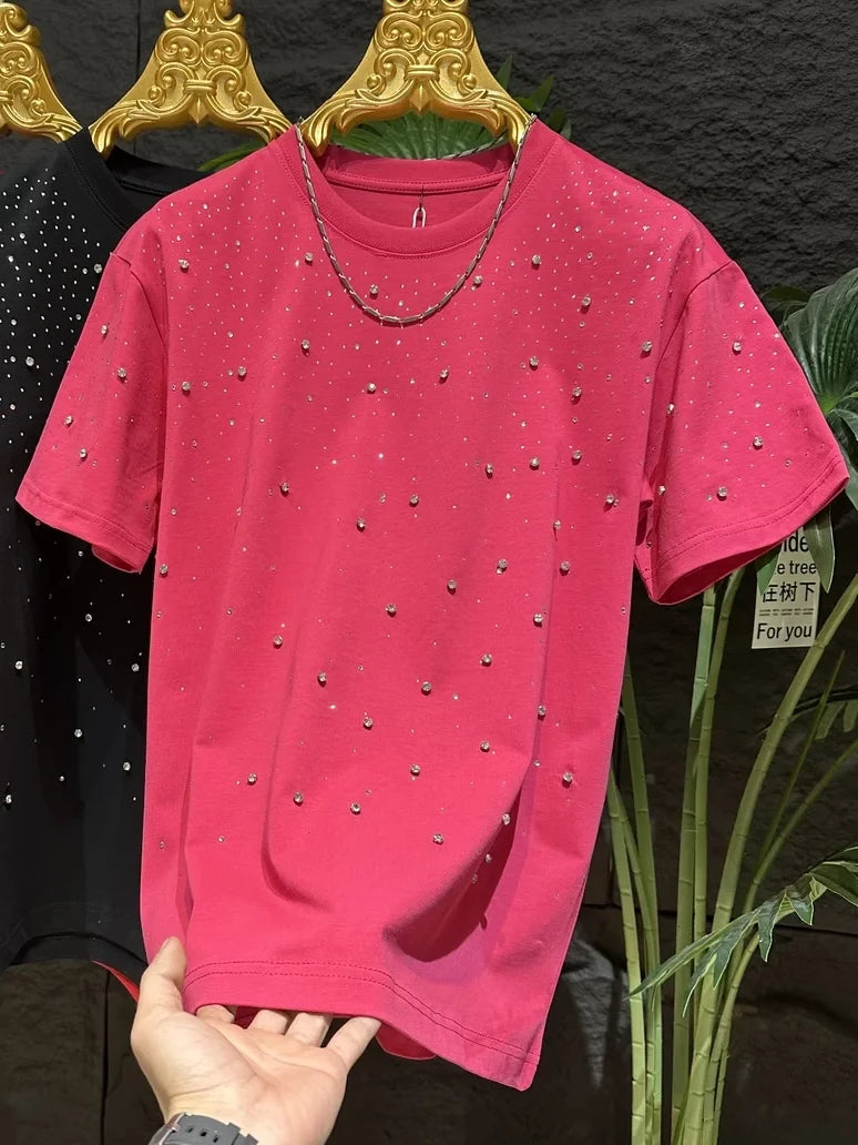 T-shirts chaud diamant Rivets ciel étoilé à manches courtes pour hommes de luxe polyvalent