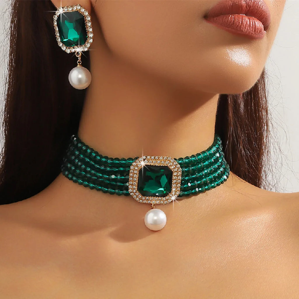 FYUAN-Ensembles de bijoux multicouches pour femmes, collier en cristal, boucles d'oreilles en perles carrées géométriques, banquet de mariage, vert, rouge, bleu, noir