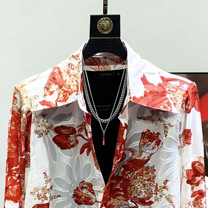 Autumn Men'S Temperament Light Luxury Thin Tops Breathable Jacquard Lapel Shoulder Pad Print Creativity Tide Shirts 21Z1993