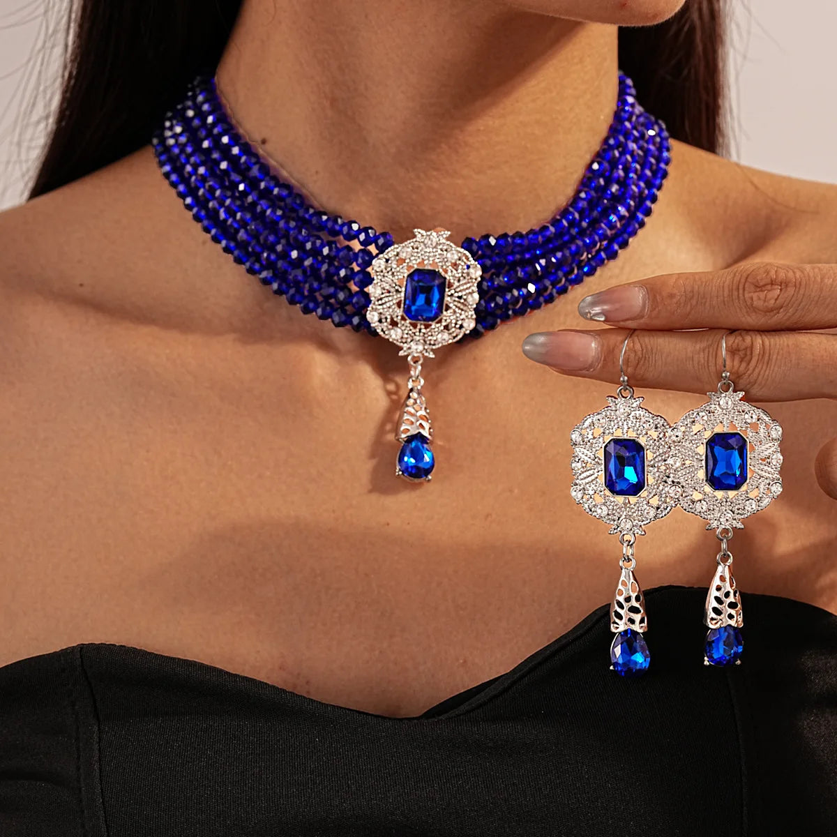 Collier multicouche Vintage en cristal vert rouge bleu noir, boucles d'oreilles géométriques en alliage creux pour femmes, ensembles de bijoux de Banquet de mariage