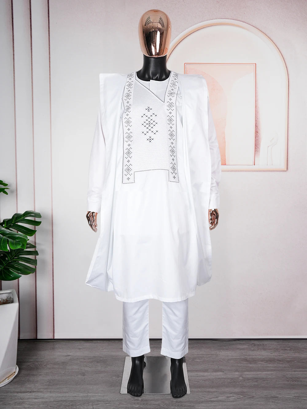 Ensemble Agbada Vêtements africains pour hommes, tenue de fête de mariage blanche, chemise brodée, pantalon, ensemble 3 pièces