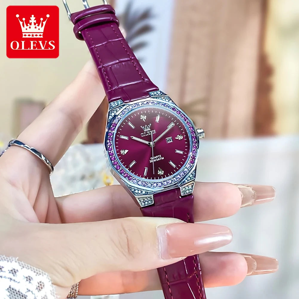 OLEVS Original femmes montres diamant tour mode bracelet en cuir 3m étanche lumineux dames montre-bracelet montre à Quartz pour les femmes