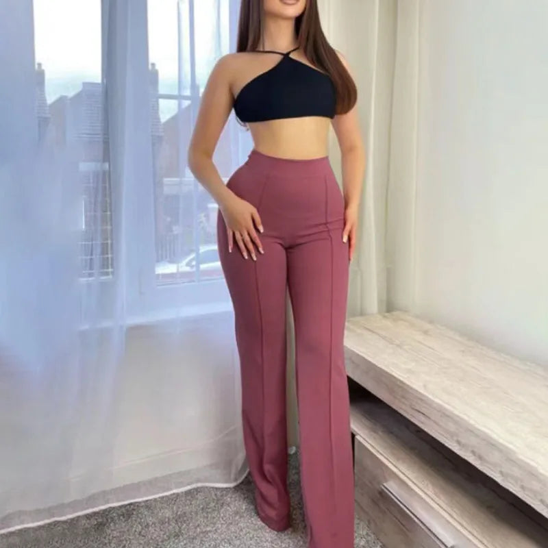 Pantalon pour Femme décontracté solide mode taille haute de bureau élégant