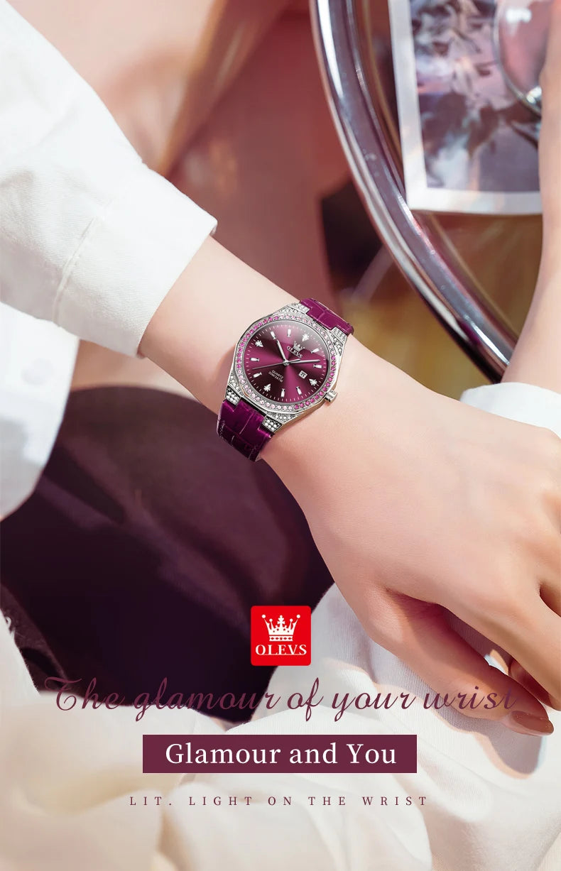 OLEVS Original femmes montres diamant tour mode bracelet en cuir 3m étanche lumineux dames montre-bracelet montre à Quartz pour les femmes