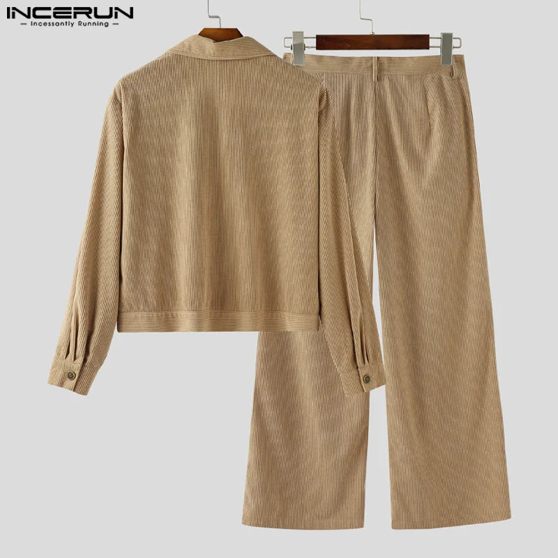 Hommes ensembles velours côtelé couleur unie revers manches longues vestes et pantalons deux pièces ensembles