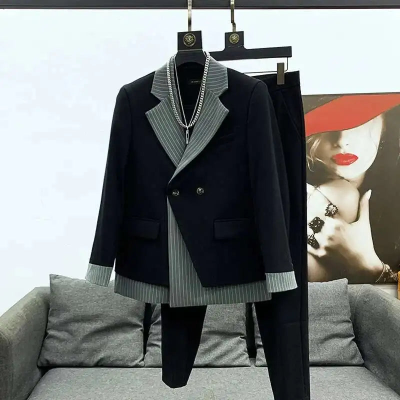 Ensemble élégant Blazer Design à la mode hommes costumes rayure Patchwork col vestes pantalon ensemble élégant haute qualité vêtements