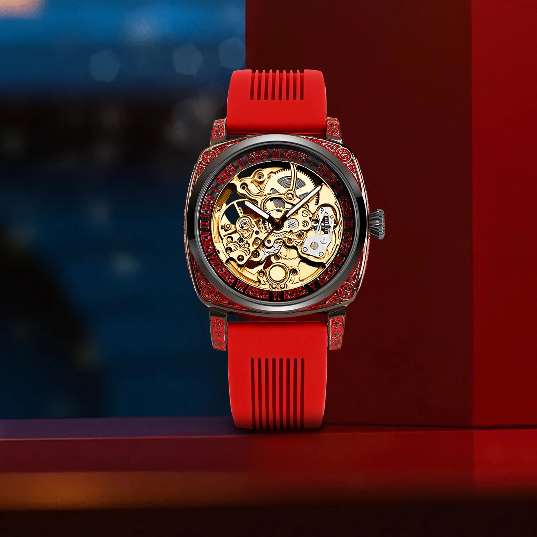 Montre mécanique entièrement automatique pour femme avec ruban rouge doré, style décontracté, veilleuse élégante, fleurs sculptées, neuve