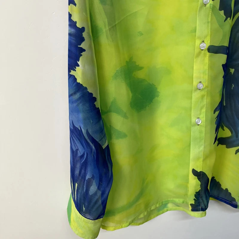 Chemise ample pour hommes couleur contrastée à la mode Semi-Transparent en mousseline de soie conception à manches longues col rabattu