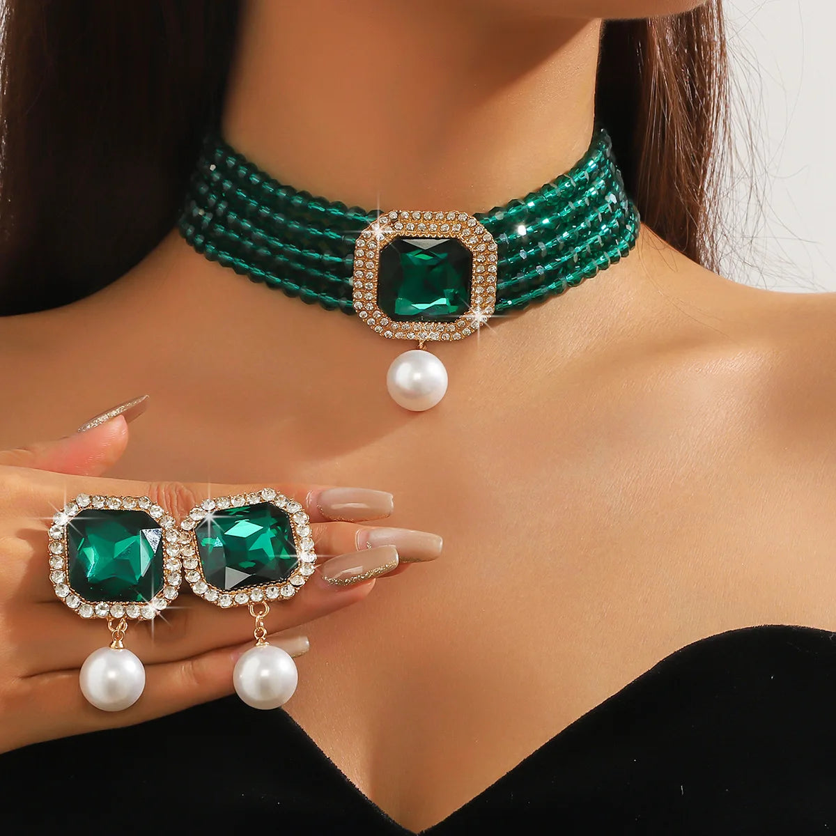 FYUAN-Ensembles de bijoux multicouches pour femmes, collier en cristal, boucles d'oreilles en perles carrées géométriques, banquet de mariage, vert, rouge, bleu, noir