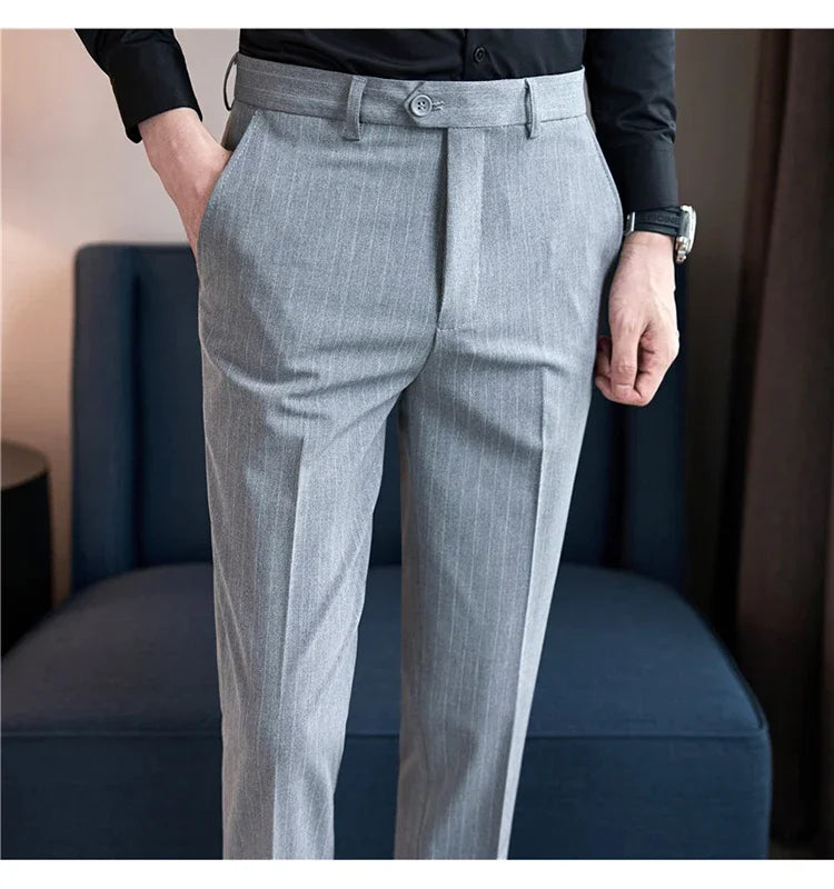 Pantalons décontractés à rayures noires pour hommes, trempés, vêtements de cérémonie pour hommes, robe de mariée, style britannique, affaires, boutique, qualité fjQuality