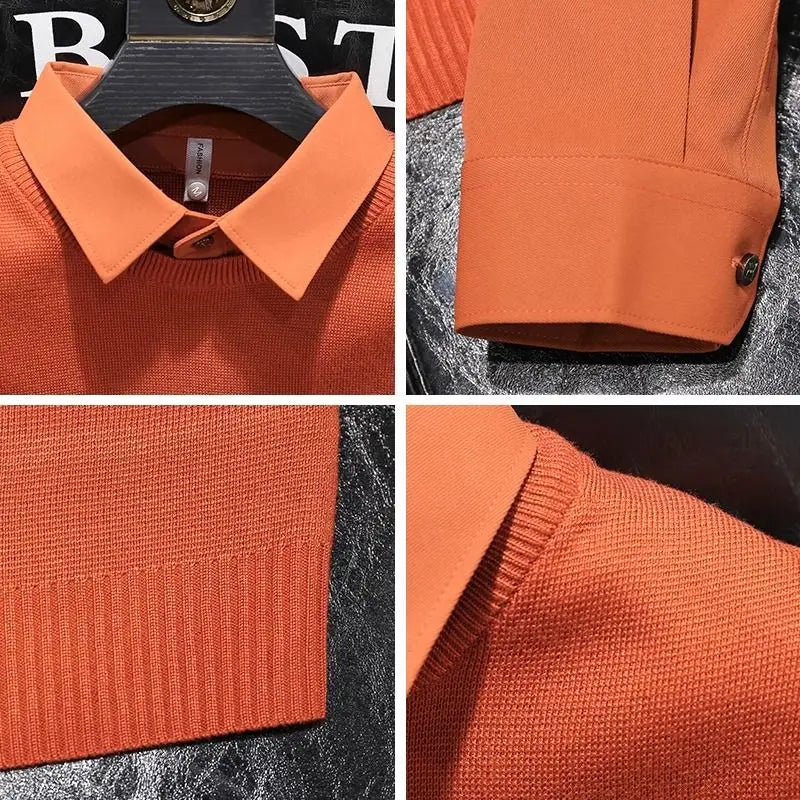 Chemise polo nouveau style faux deux pièces épissé hommes à la mode brodé col de chemise coupe ajustée haut de gamme hommes