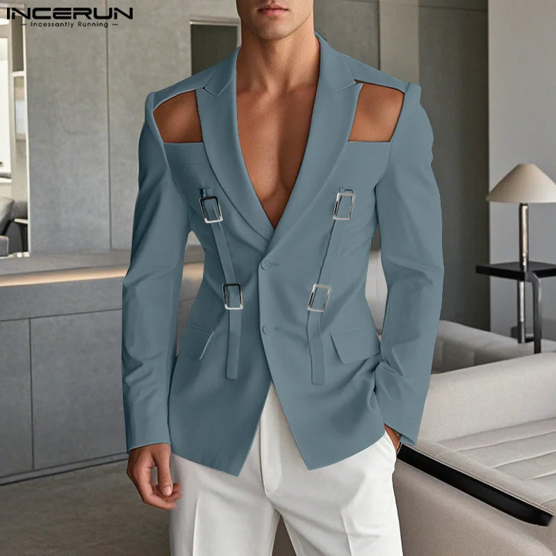 Blazers à lacets monochromes à manches longues pour hommes, conception de bouton creux, streetwear décontracté, mode de style américain, Y-2025