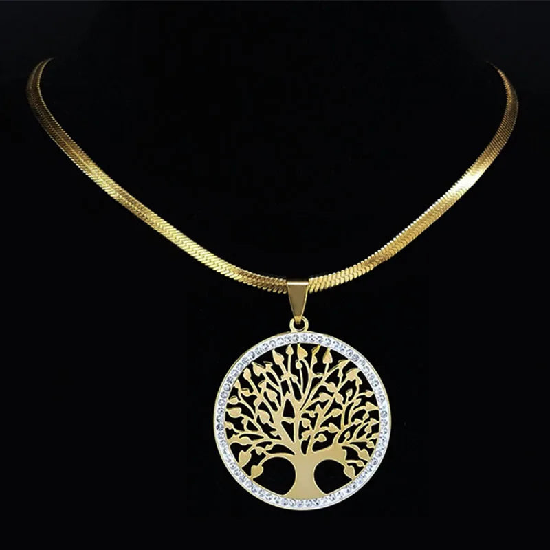 Collier ras du cou en acier inoxydable pour femme, bijoux en cristal, arbre de vie, document doré, colliers JOPresidence, N16S02