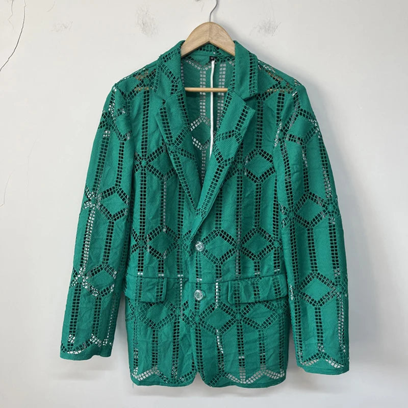 Veste costume brodé hommes de luxe mode évider décoration à manches longues simple boutonnage tendance décontracté Niche