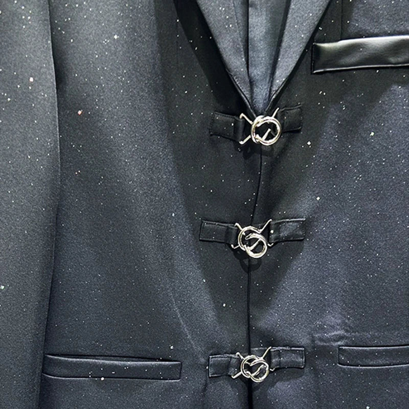 Ensemble de costume pour hommes, veste de costume personnalisée avec boucle en métal, tendance, ample, rivets, pantalon à jambes droites