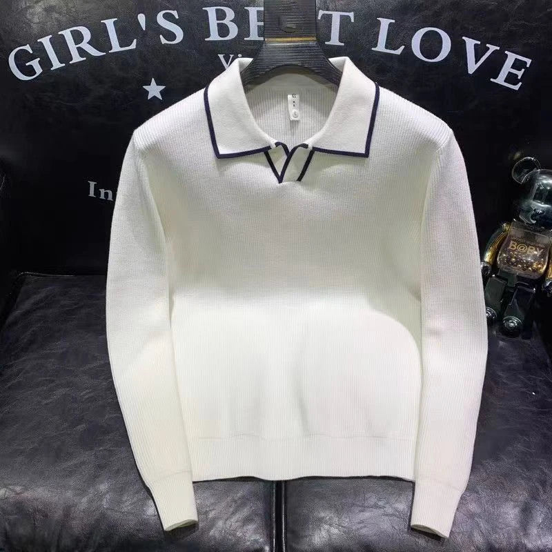 Pull pour  hommes tricot à manches longues solide haute qualité polo d'affaires coupe ajustée,hauts de qualité