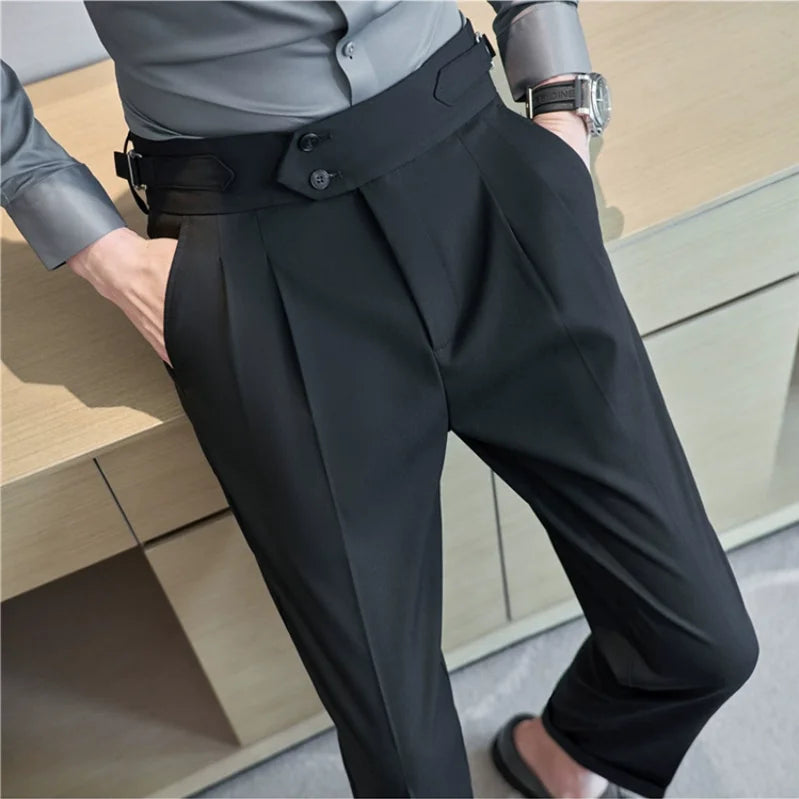 Style britannique hommes taille haute tenue décontractée pantalon hommes ceinture conception mince pantalon formel bureau Social robe de soirée de mariage costume pantalon