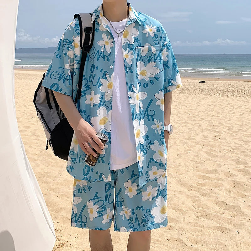 Ensemble de shorts assortis pour hommes, chemises à lettres rayées, tenues à imprimé floral, manches courtes, taille élastique, mince, surdimensionné, été