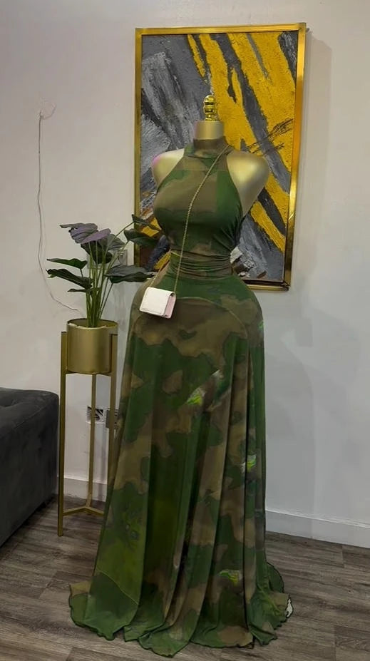 Robe pour  femmes imprimé sans manches avec ceintures ajusté et évasée  longues