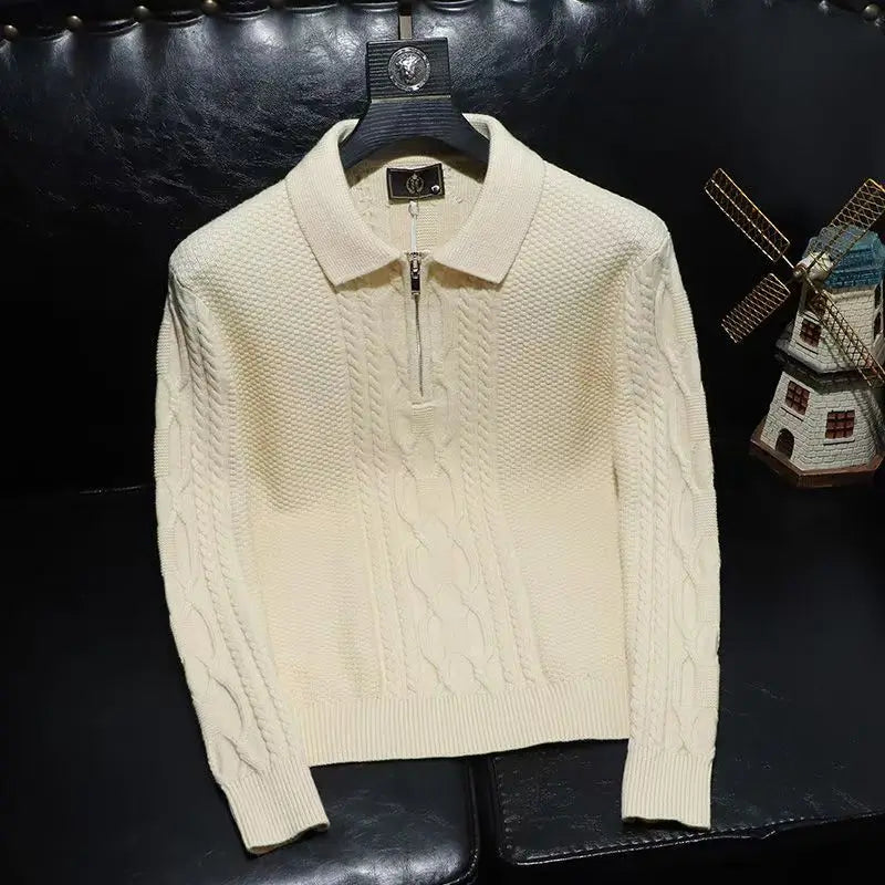 Pull à col roulé à manches longues pour hommes, pull à revers avec fermeture éclair, pull monochrome, pull torsadé, streetwear, printemps, automne