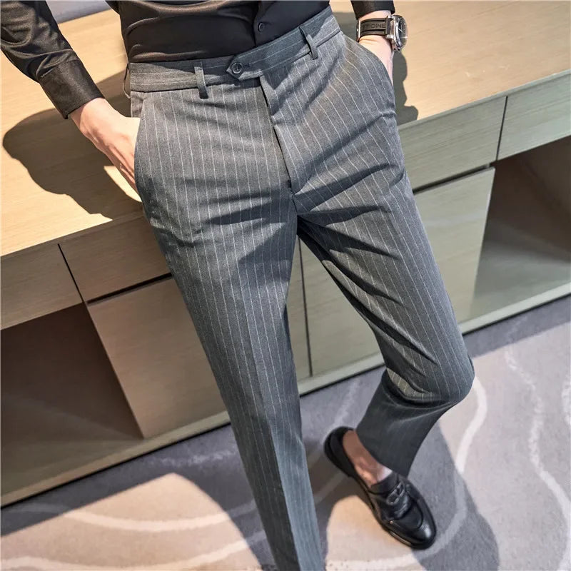 Pantalons décontractés à rayures noires pour hommes, trempés, vêtements de cérémonie pour hommes, robe de mariée, style britannique, affaires, boutique, qualité fjQuality