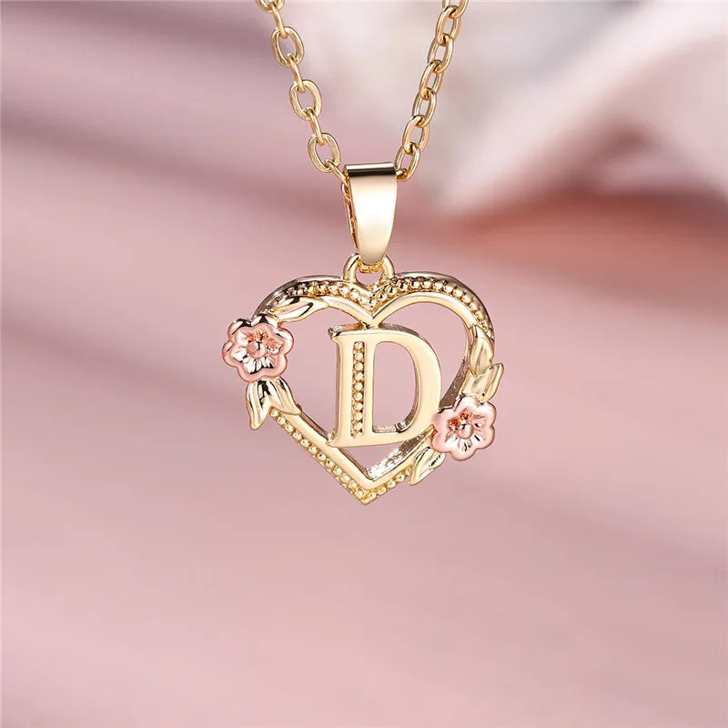 Collier pendentif fleur lettre A-Z pour femmes, couleur or jaune, bijoux de mariage, cadeau pour femmes