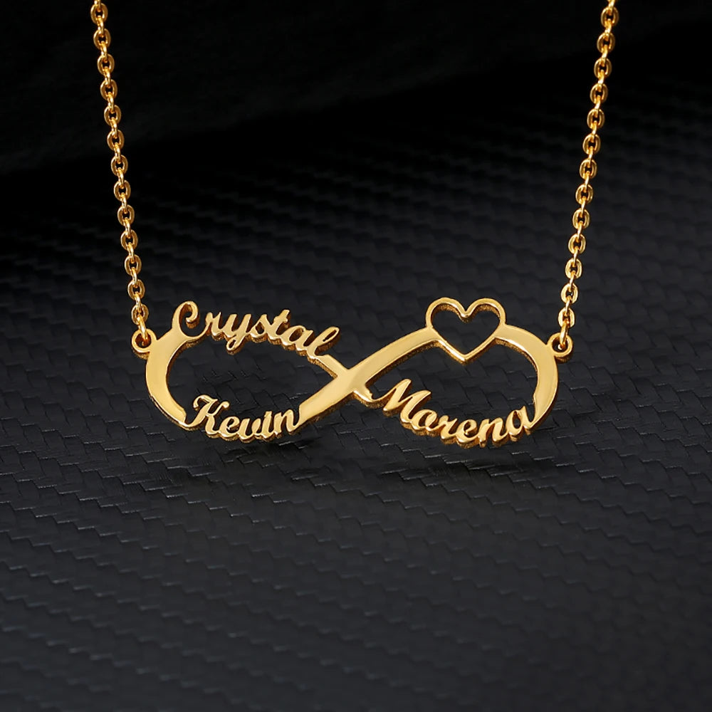Colliers infini personnalisés à Double cœur et deux noms pour femmes, pendentif en acier inoxydable, bijoux personnalisés, cadeau