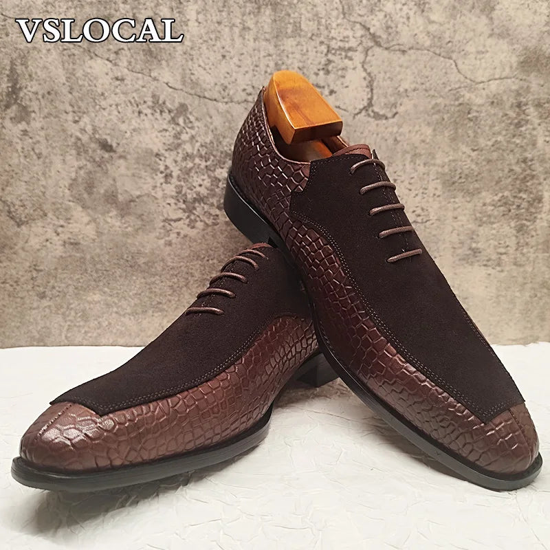 Chaussure  pour Hommes de luxe Oxford à lacets bout fendu ,chaussures habillées Crocodile imprimé en cuir
