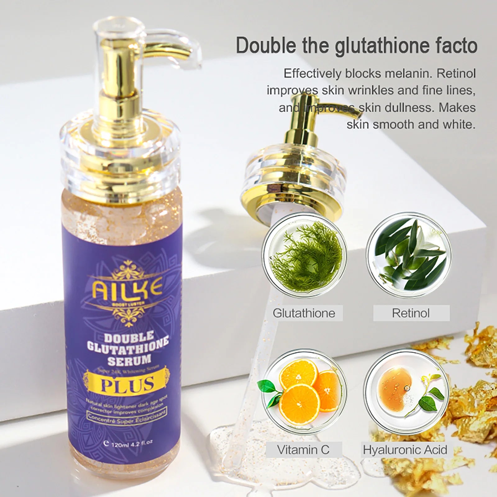 AILKE Ensemble de blanchiment double glutathion pour tous les types de peau, réduit les taches foncées, la mélanine, les taches de rousseur, le cloasma, même le teint