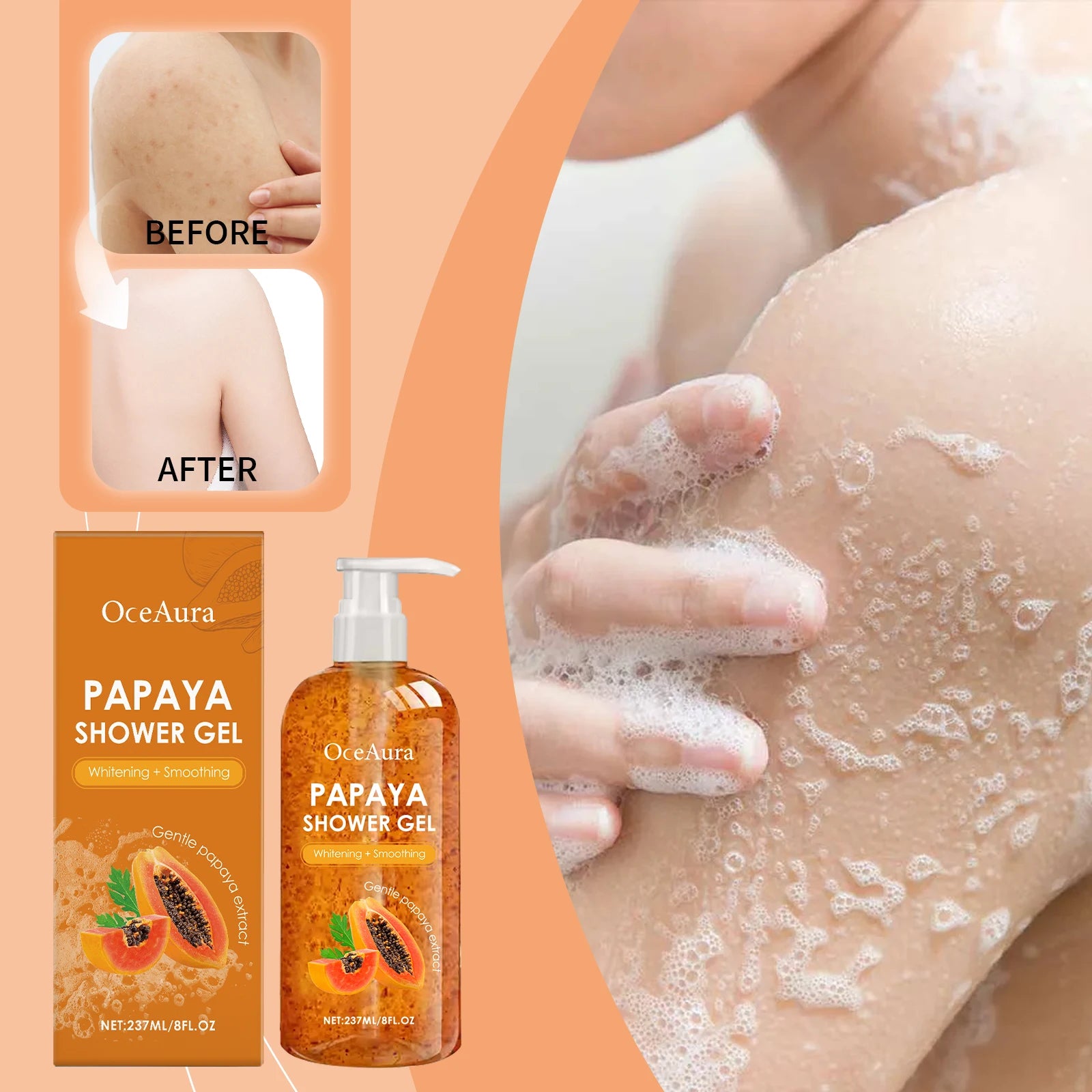 Gel douche blanchissant au papaye, exfoliant, estompe, Pigmentation, arôme durable, huile de contrôle rafraîchissante, mousse riche, lavage du corps