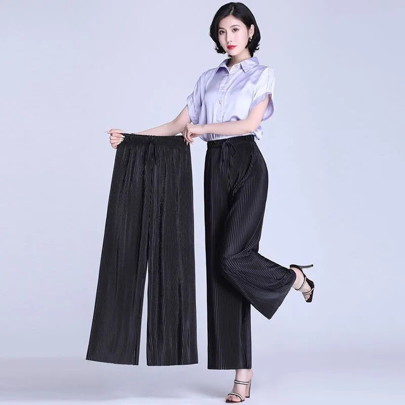 Pantalon d'été plissé en soie pour femmes, couleur unie, taille élastique, jambes larges, décontracté, en mousseline de soi
